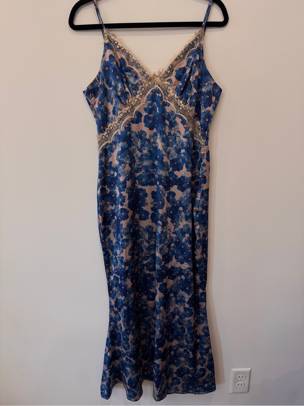 Blue Floral Lace-Trim Slip Dress